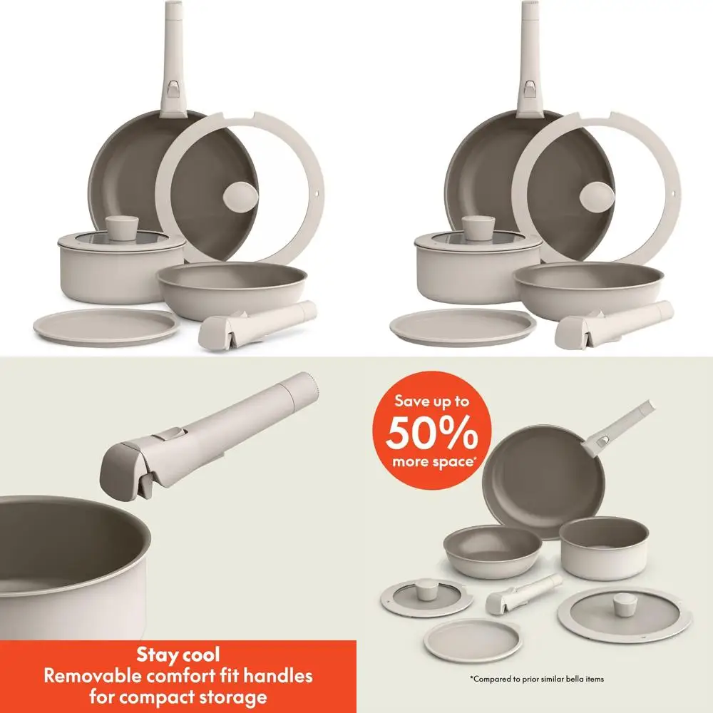 

Набор посуды из 8 предметов с антипригарным покрытием и съемными ручками, подходит для мытья в посудомоечной машине и использования в духовке, совместим со всеми типами плит, стеклянные крышки с ручками.