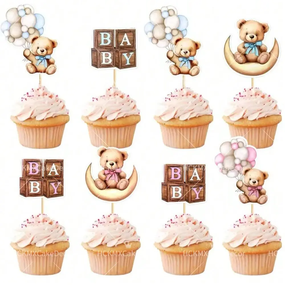 12pcs/24pcs Teddy Bear Cupcake Toppers BABY Block Balloon Cake Picks for BabyShower Gender Reveal Birthday Party Decorations