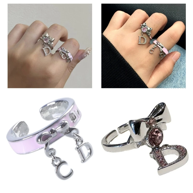 Letter D Bowknot Rings Zircon Butterfly Knot Open Rings Adjustable Finger Rings for Women Girls Enamel Jewelry for Daily