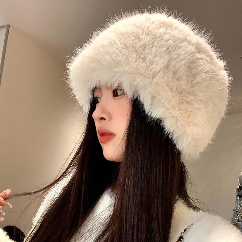 

Thickened Temperament Bucket Hat Imitation Mink Fur Warmer Winter Fisherman Hat Windproof Soft Anti-cold Basin Cap Travel