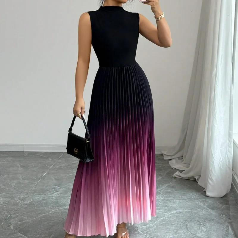 Women's dress summer new fashionable outdoor casual light and elegant round neck sleeveless gradient color dress