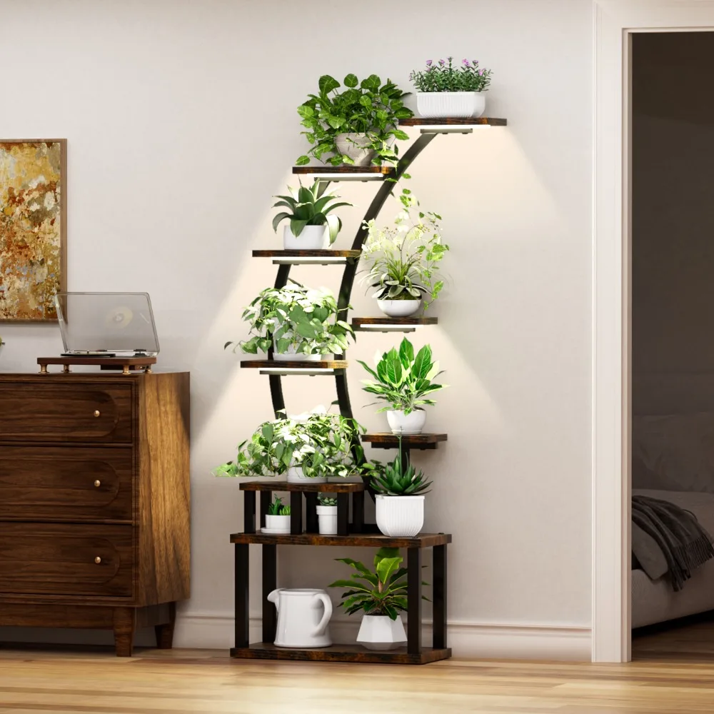 

Plant Stand indoor 9-Tiered,with 5 Grow Lights Adjustable Lighting Modes,10-Level Dimming & 3 Timer Settings，Plant Shelves