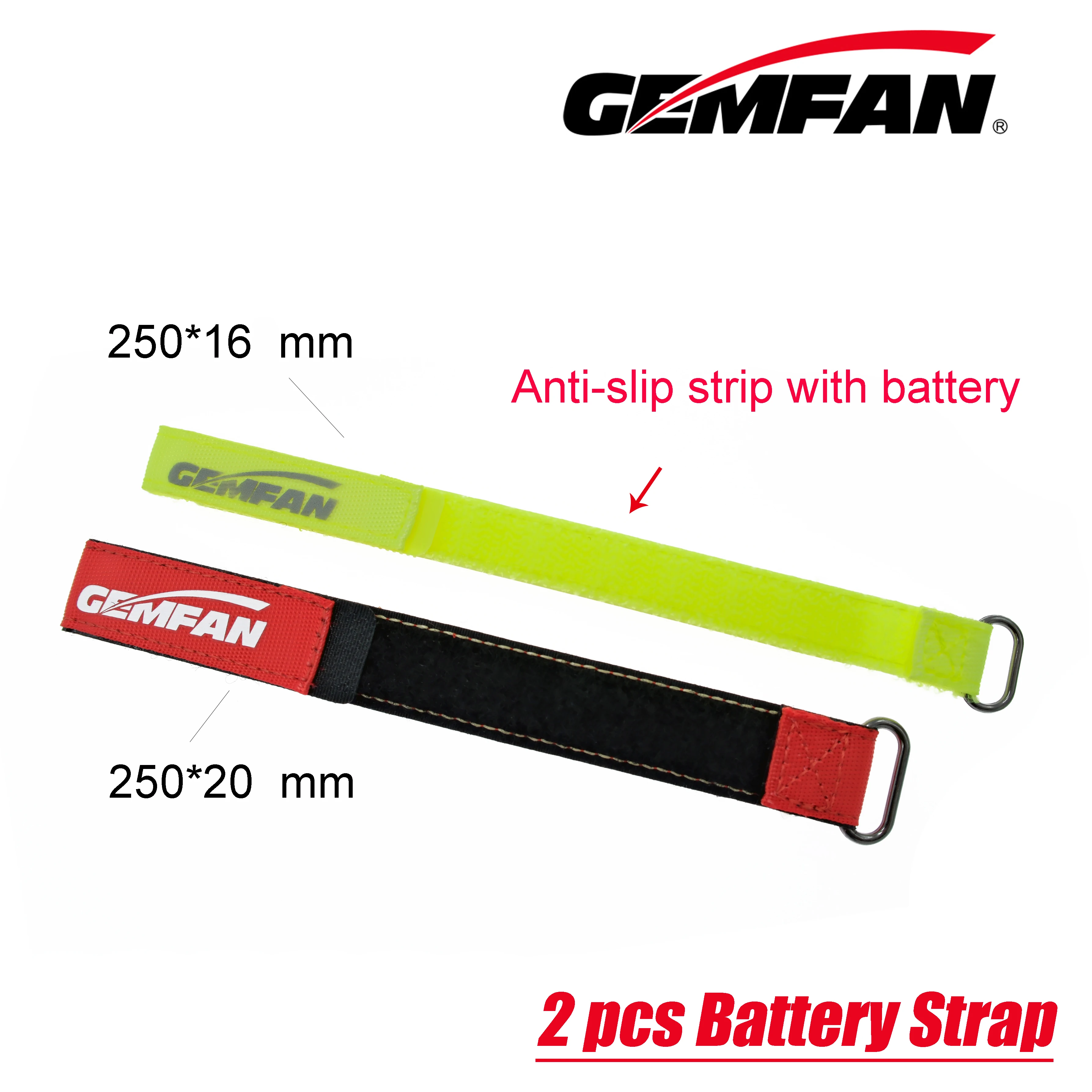 2 Stück Gemfan Hochfester, rutschfester gewebter Lipo-Akku-Gurt, 16 x 250 mm, fluoreszierendes Gelb / 20 x 250 mm, Rot, für FPV-Freestyle-Drohnen