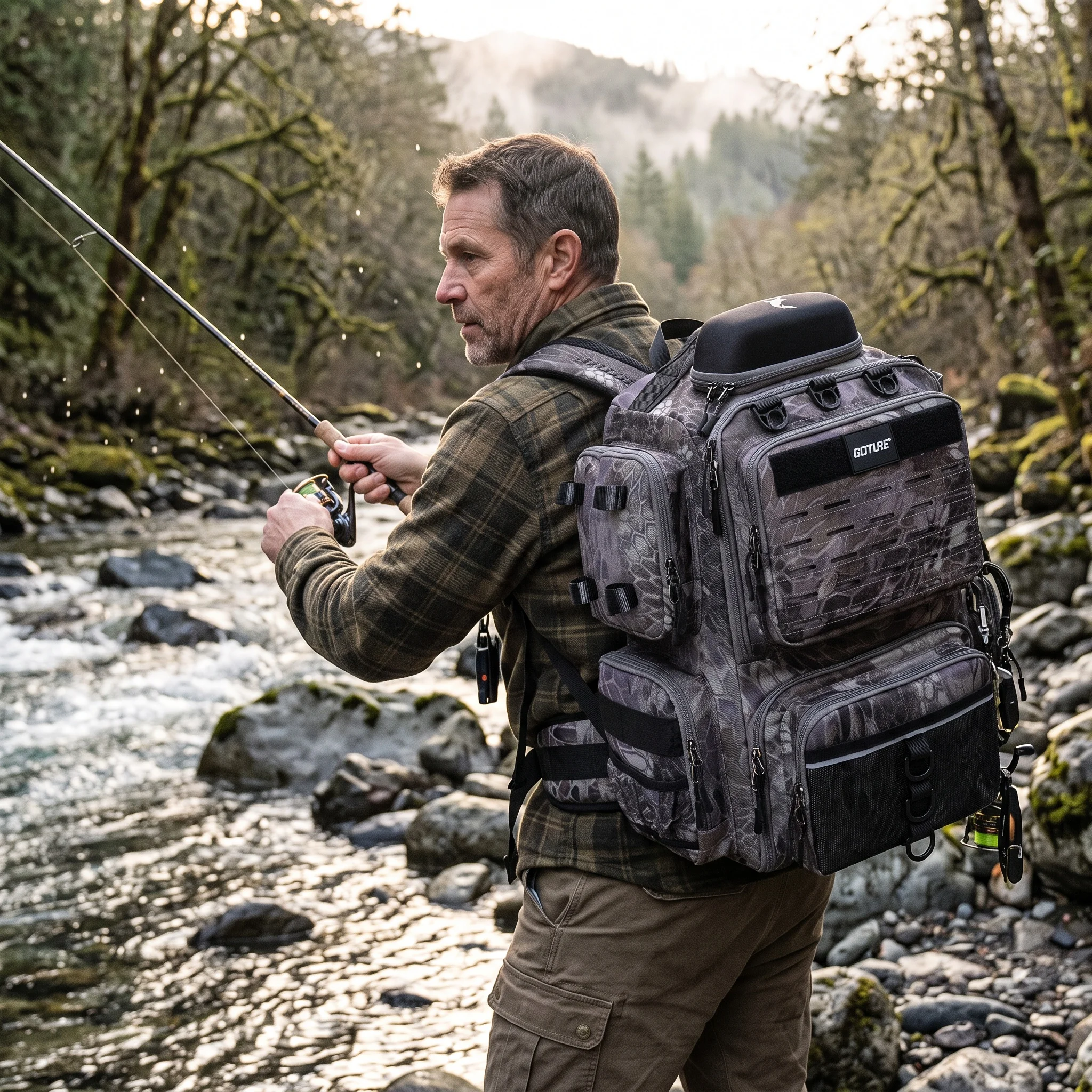 Goture Mochila Pesca 45L Impermeável com Capa