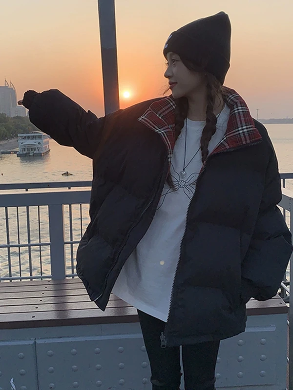 

plus Size Winter Cotton Jaet Women's Loose Fit Plaid Stand Collar Coat Korean Sle Casual Outerwear Thiened Zipper