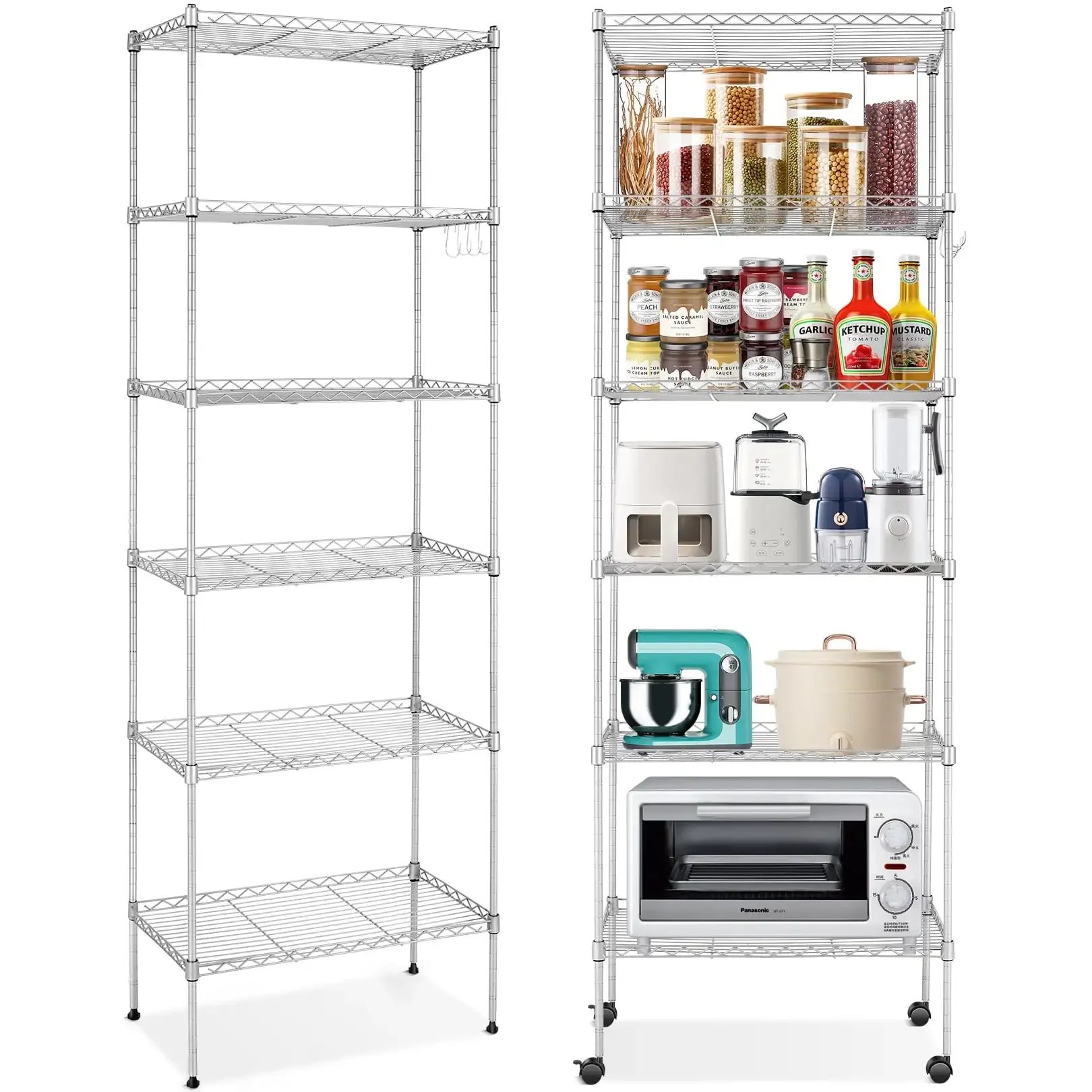 6-Tier Shelf Rack Wire Shelving Unit Storage Height Adjsutable Metal Shelf with 4 Side Hooks