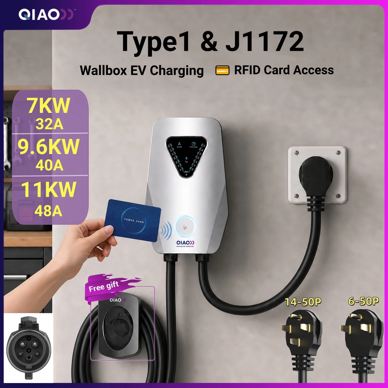 QIAO Type1 J1772  EV Charger 32A 40/48A 7KW 9.6KW 11KW Home Wallbox Electric Vehicle Car Charging Adjust Current Timer RFID Card