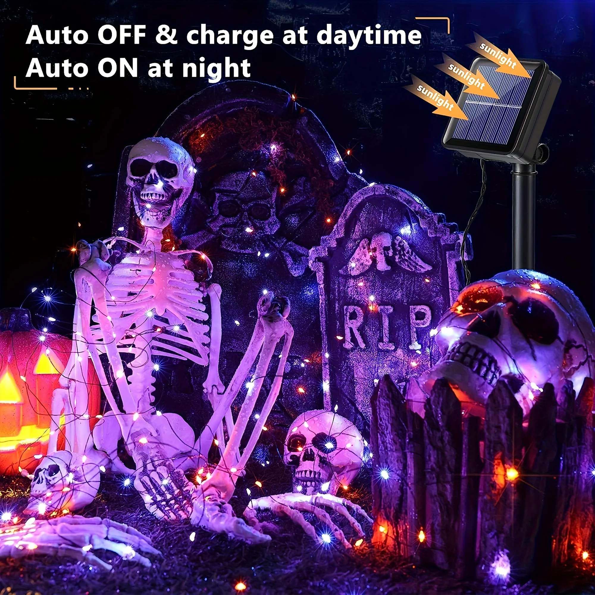 Solar Power Halloween String Lights, Laranja e Roxo, Fairy Lights, Jardim ao ar livre, Balcony Party, 200 LEDs