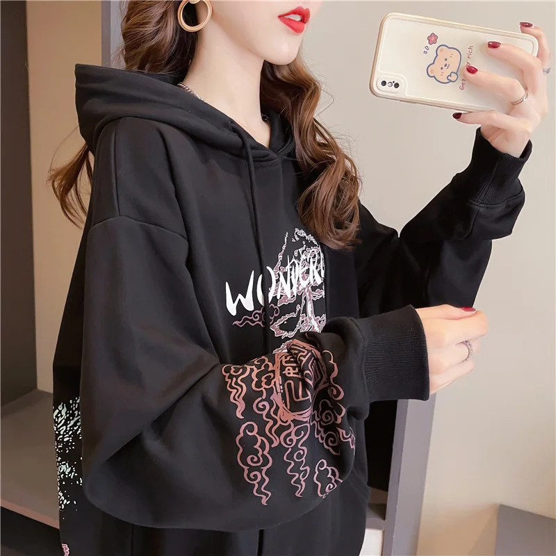 #4701 Black White Harajuku Hoodies Women Loose Casual Vintage Hooded Sweatshirt Chinese Style Women Hoodies Cotton Spring Autumn