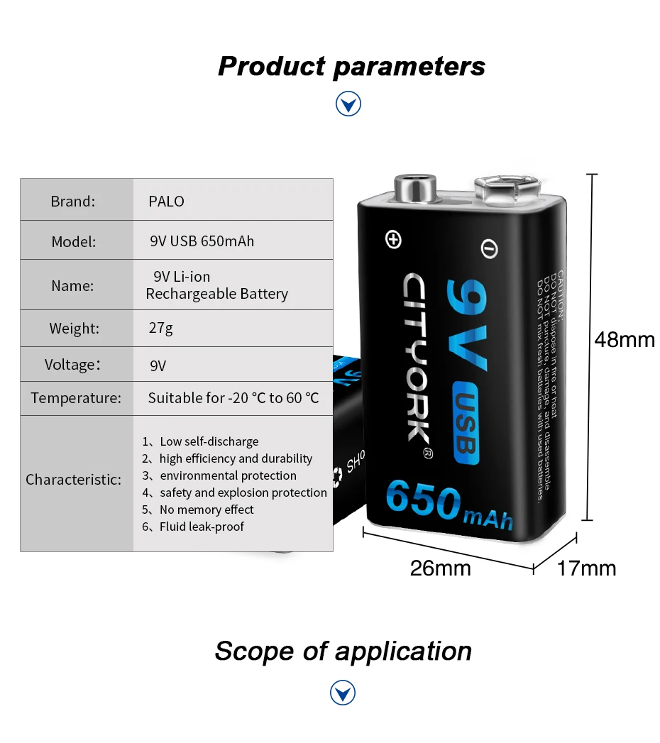 9V Rechargeable Li-ion Battery USB 650mAh Lithium 6F22 Batteri 9 Volts Crown For Multimeter Smoke Alarm Metal Detector Krone