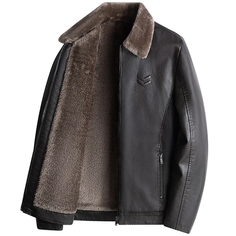 7XL Men's Leather Jacket Autumn and Winter New Collection Coat with Fleece Middle-Aged Leather Jacket Light Business Casual Coat