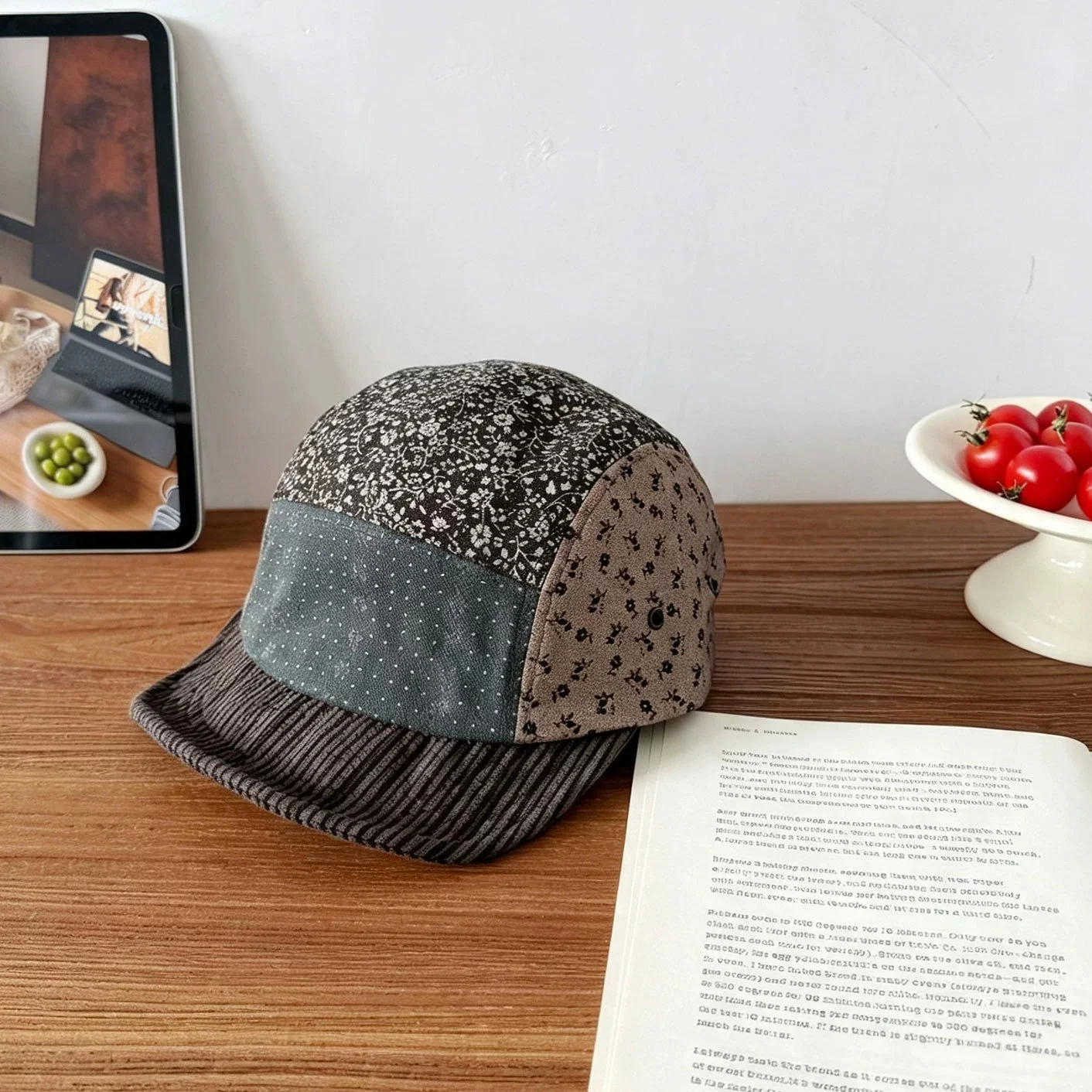 Fashionable Vintage Floral Print, Color-Blocked, Buttoned Beret: Artistic, Versatile Newsboy, Artist, and Elegant Fisherman Hats