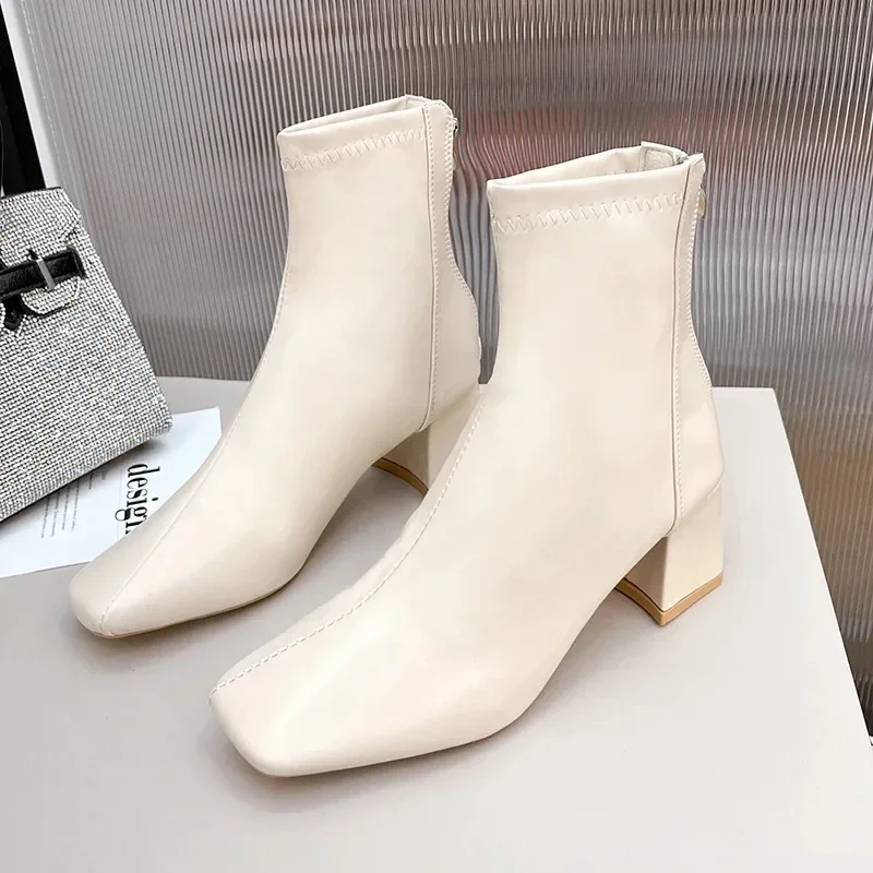 Classic New Autumn Women Ankle Boots Fashion Female Mid Thick Heels Elegant Lady White Black Apricot Square Toe Zip Shoes Matte