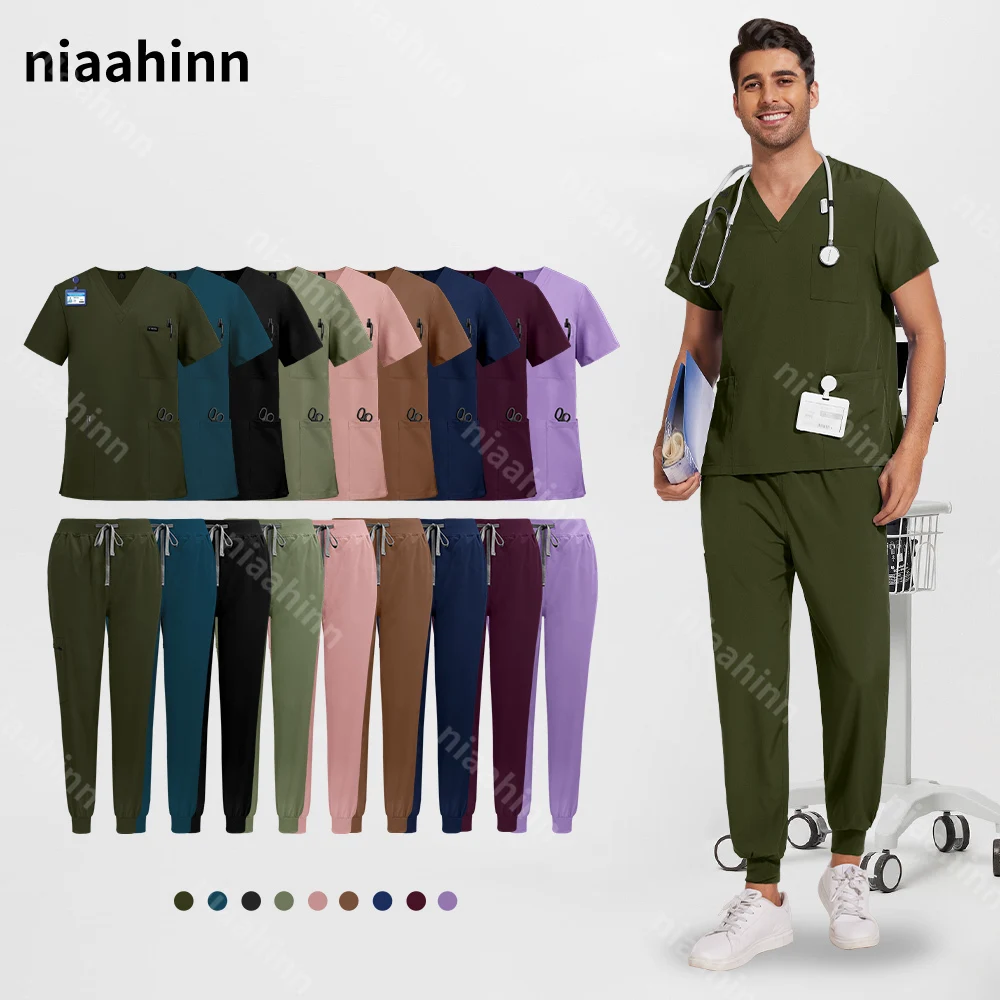 Medical Nursing Scrubs Suits Casual Doctor Nurse Surgical Uniforms Short Sleeved V-neck Tops Blouse Pocket with Zip Jogger Pants