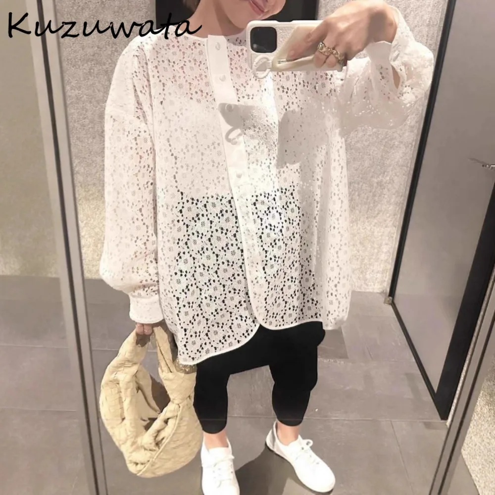 

Kuzuwata Solid Lace Patchwork Hollow Out Shirt French Fashion Lazy Loose Slim Ropa Mujer Japan Temperament Mid-length Fresh Tops