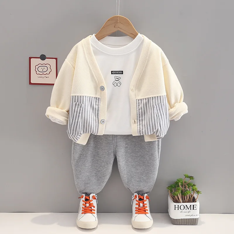 Autumn baby cartoon bear long sleeve suit 0-5-year-old boy striped cardigan coat pants three piece simple casual sportswear