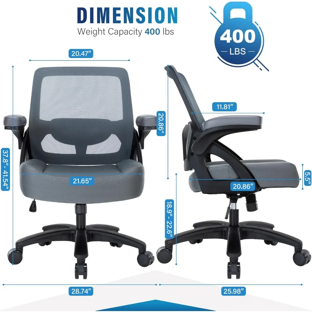 كرسي مكتب كبير وطويل بوزن 400 رطل - كرسي مكتب شبكي مريح مع أذرع قابلة للطي، كرسي كمبيوتر للمكتب المنزلي عالي التحمل، مقعد عريض O #3