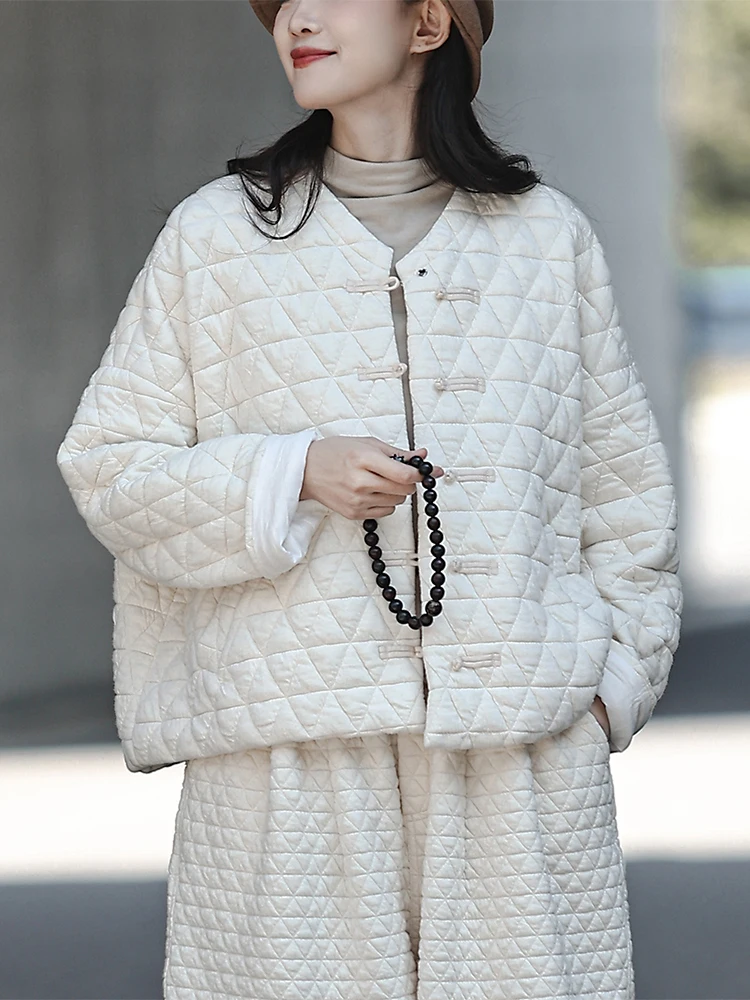 Retro Zen Cotton Jacket Women's Short Thickened Autumn Winter New Loose Small Size Cotton Coat Retro Style round Neck Button up
