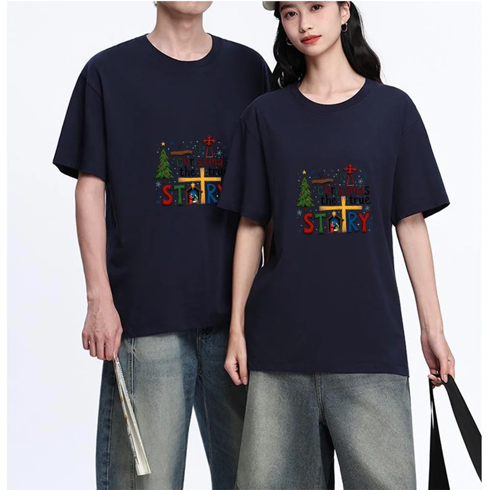 Christmas Nativity Scene Cross Tree Printed T Shirt Breathable Fabric S-XXL Personalized Custom Casual Short Sleeve Tee Unisex F