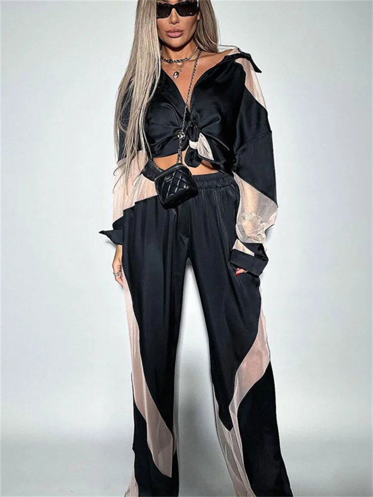 Tossy See-Through Contrast 2 Piece-Set Loose Trousers Female Elegant Patchwork Shirts And Straight Legg Sets High Waist Outfits