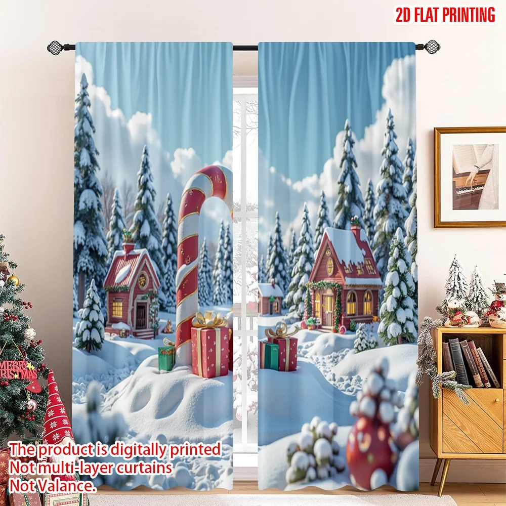 

2pcs 2D flat printing Merry Christmas Curtain North Pole Christmas Village Gifts Polyester Without Electricity Festive Wall