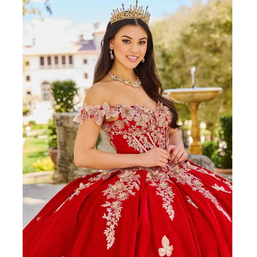 Gaun pesta kupu-kupu 3D merah gaun applique putri Quinceanera gaun pesta korset applique emas bahu terbuka manis 15 Vestidos De XV Aurus