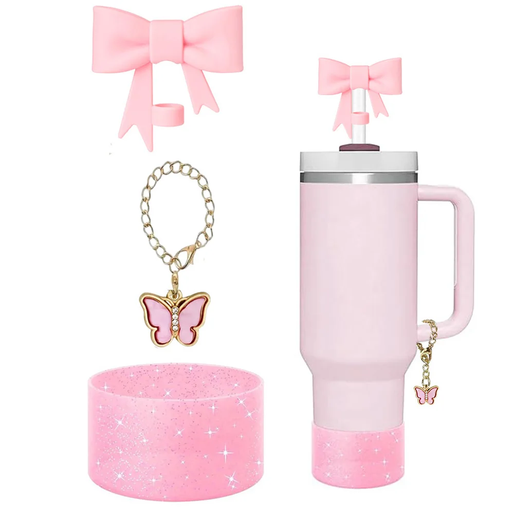 3pcs Accessories Set for Stanley Tumbler with Handle 1.0cm Straw Topper Cover Diamond Butterfly Charm  Glitter Silicone Boot