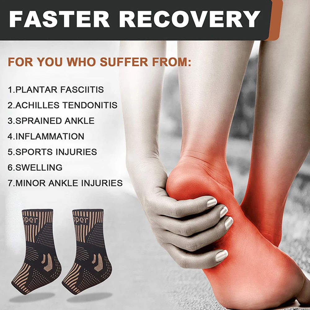 1Pcs Copper Ankle Brace Infused Compression Sleeve Support for Plantar Fasciitis, Sprained Ankle, Pain Relief, Running