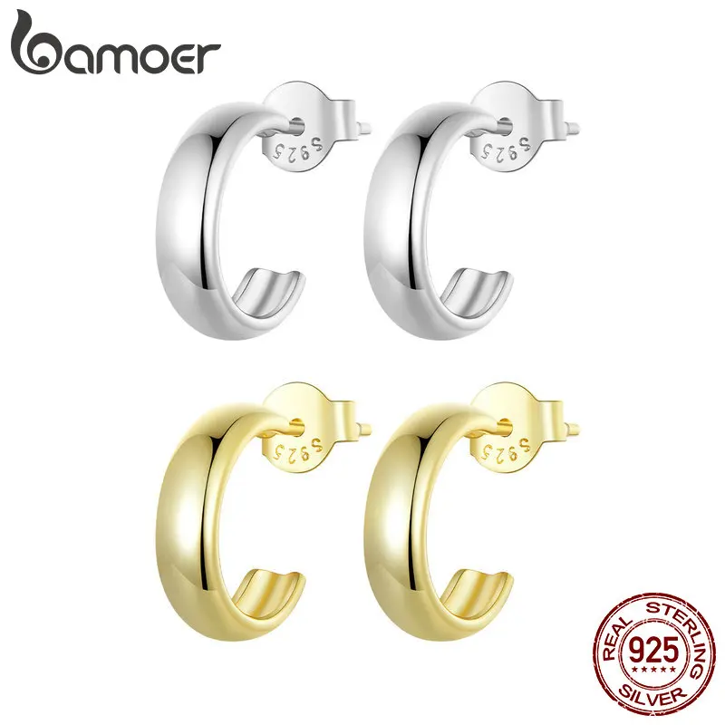 BAMOER 925 Sterling Silver Thick Huggie Earrings - Small Round Hoop Earrings in White Gold and White Gold Color SCE1669