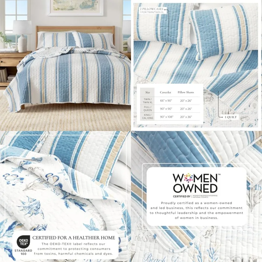 

Coastal Quilt Set - 3-Piece Size Nautical Bedding Set - Lightweight, All-Season, Reversible Bedspread
