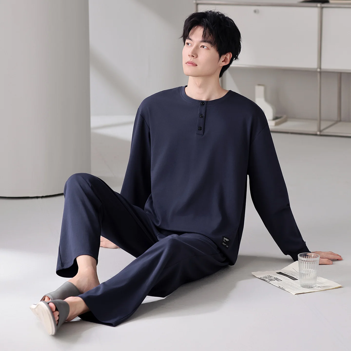 Men Pajamas Sets Round Neck Homewear Autumn Full Cotton Long Sleeves Tops Long Pants Pyjamas Sleepwear Male Pijamas Hombre 4XL