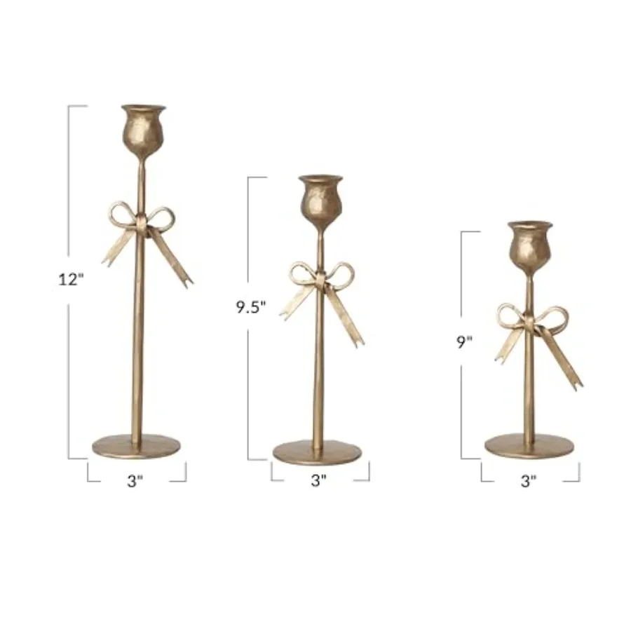 3-Piece Hand-Forged Bow Shaped Metal Taper Candle Holders for Dining Table, Antique Gold Finish, Rust-Resistant and Heat-Conduc view 2