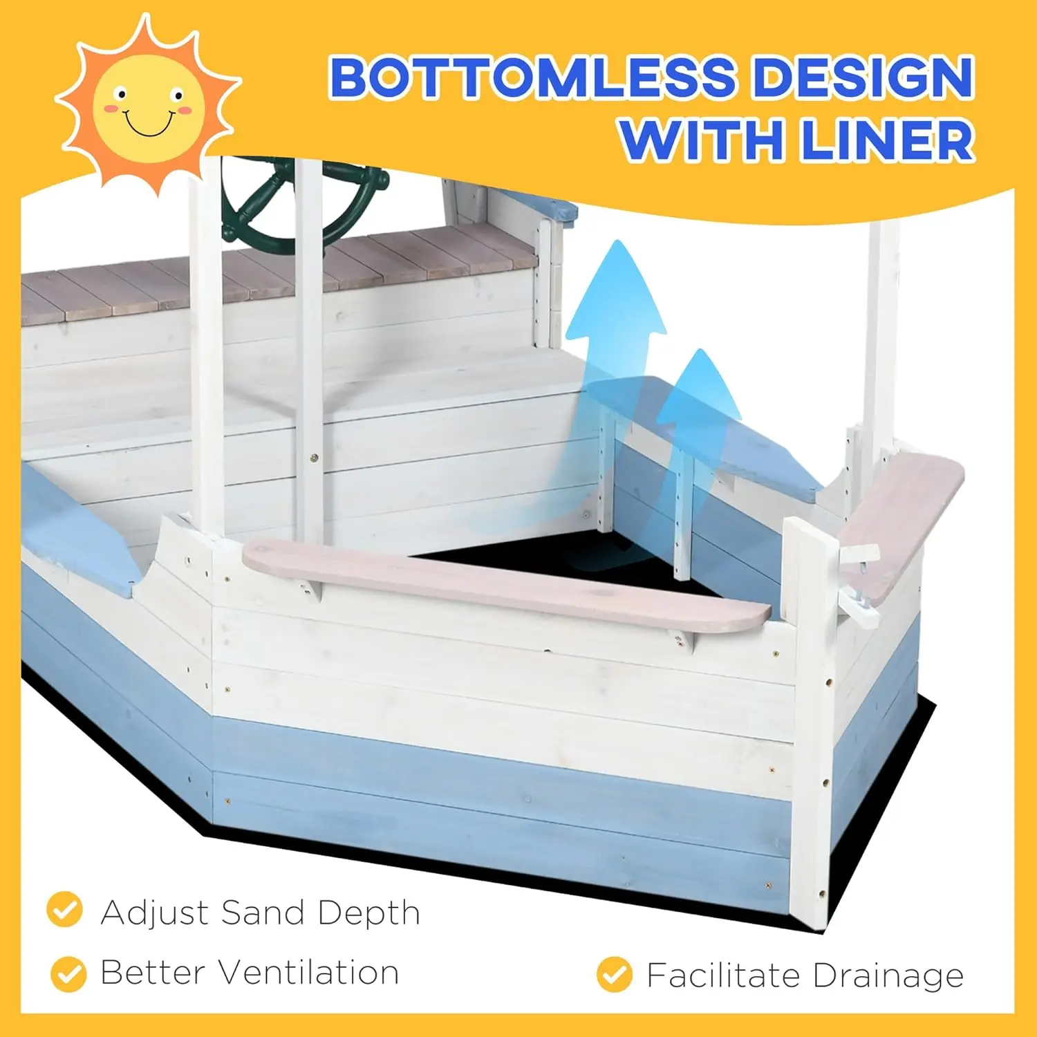 Kids Sandbox with Canopy, Pirate Ship Wooden Sand Boxes with Bench for Backyard, Sand Pit for Toddlers, 83" x 43", Blue