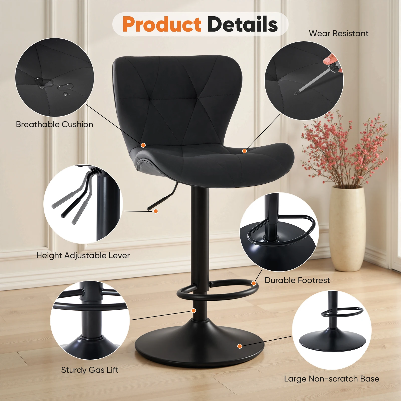 MCQ Ergonomic High Back Faux Leather Office Chair Set of 2 Adjustable Upholstered Swivel with Curved Backrest Metal Legs
