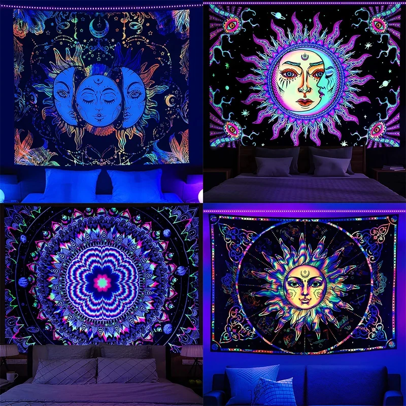 VIKAMA Blacklight Sun Moon Mandala Tapestry, UV Reactive Psychedelic Wall Hanging for Bedroom, Glow Party & Hippie Home Decor