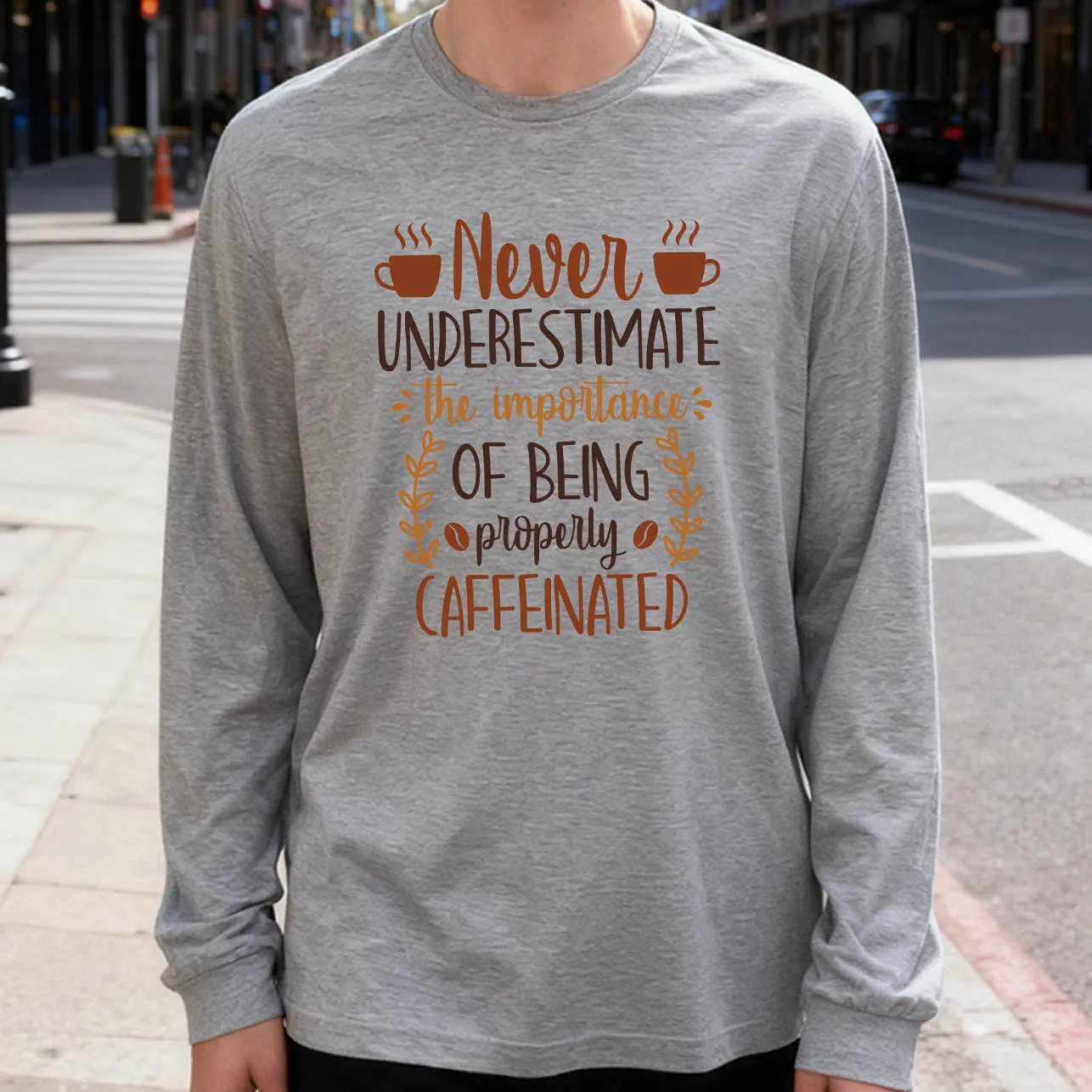 Caffeine Is Important Men's Long Sleeve T-Shirt 180g 100% Cotton Printed Crew Neck Casual Daily Wear Soft and Breathable