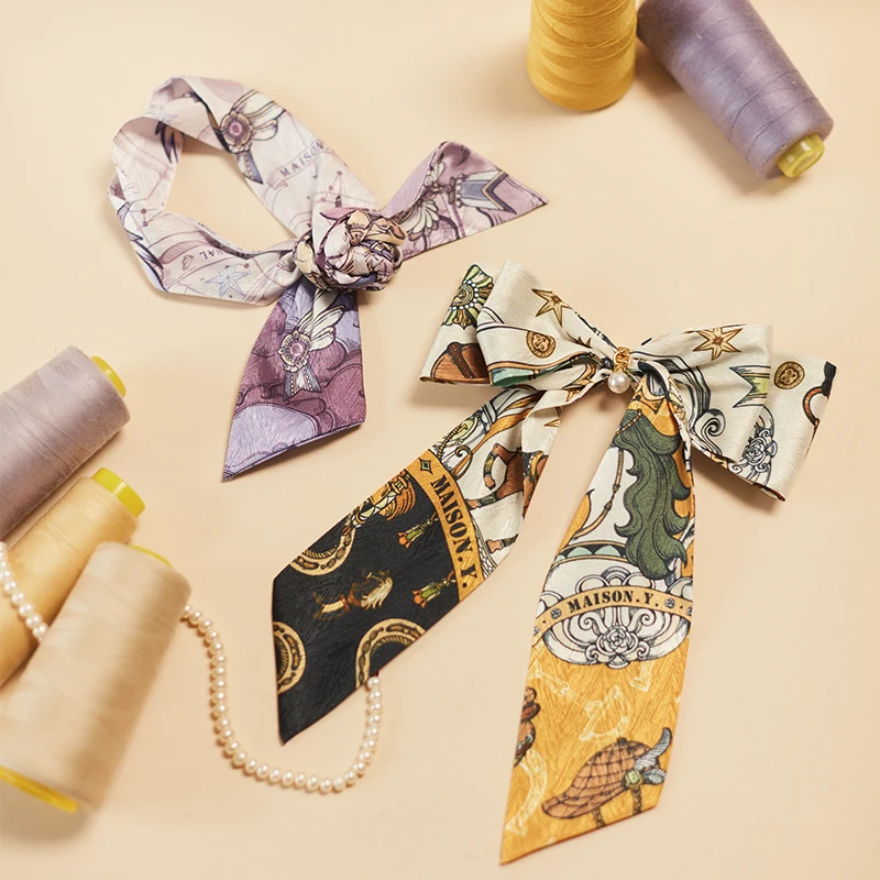 

Long Silk Scarf Flight Diary Elegant French Romantic Scarf Bag Handle with Long Ribbon