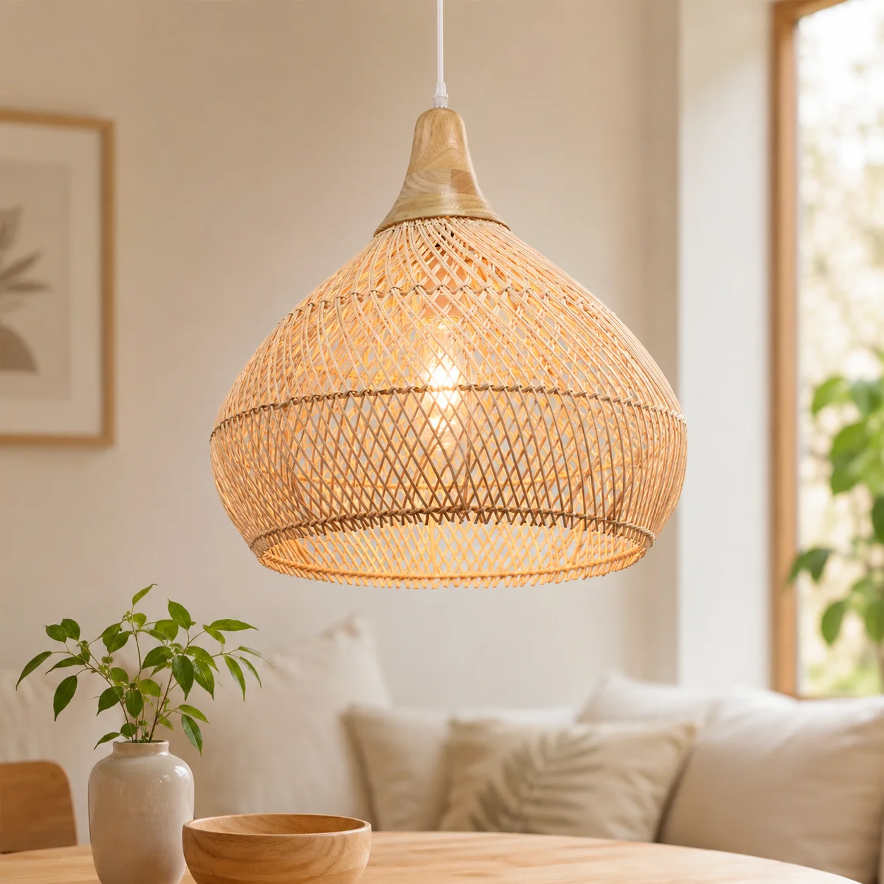 JOYINLED 40/50/60CM Beige Bambus Pendelleuchte, Natürliche Rattan Boho Deckenlampe E27 für Wohnzimmer Schlafzimmer Esszimmer Küche