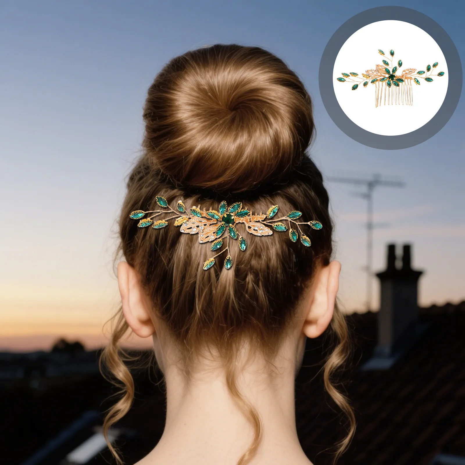Handmade Vintage Green Rhinestone Bridal Hair Comb Alloy Side Comb Clip Secure Fit Wedding Headdress Bride Hair Jewelry
