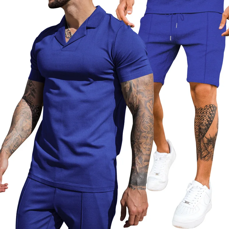 

2023 Foreign Trade Summer WaffleVCollarpoloPolo Short-Sleeved Shorts Men's Sports Casual Fashion Set