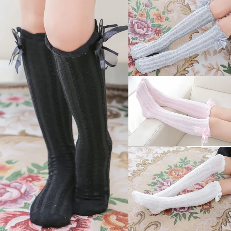 Spring Autumn Children Stockings Cute Bow Knee High Striped Kids Girls Mid Length Stockings Child Fashion Breathable Dance Socks