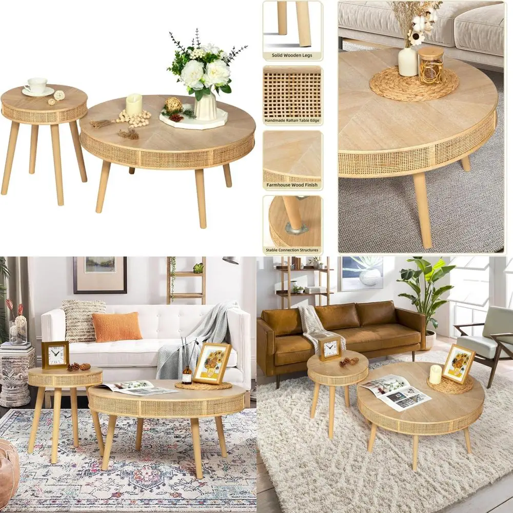 

Modern Rustic 2-Piece Farmhouse Coffee Table Set with Solid Wood and Rattan Side Tables