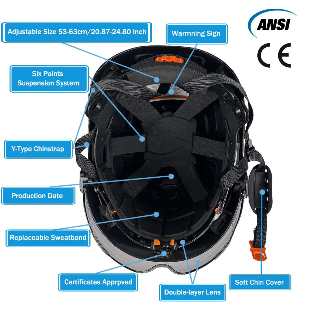 خوذة أمان البناء CE مع نظارات مدمجة غطاء للأذنين ملصقات عاكسة قبعة صلبة مع قناع قابل للتعديل بفتحات تهوية ABS