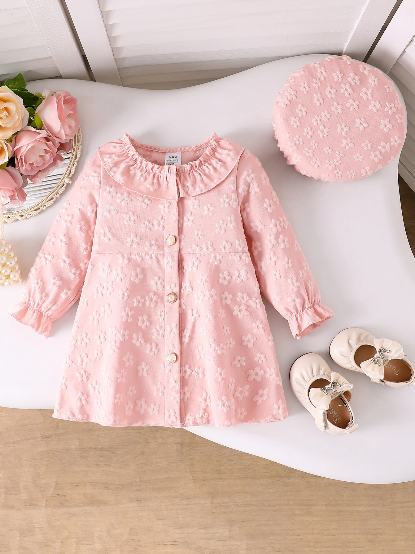 2-Piece Set: Baby Girl Spring and Autumn Thin Dress Outfit, Baby Girl Lace Round Neck Floral Print Single-Breasted Long-Sleeve Dress + Matching Color Hat Set, Cute Ruffled Collar Lace Decoration, Elegant and Sweet Princess Dress, Newborn Birthday Gift, Comfortable and Soft, Suitable for 0-1-2-3 Years Old, 6-9 Months, Suitable for Outdoor, Casual, Party, Festival Gifts