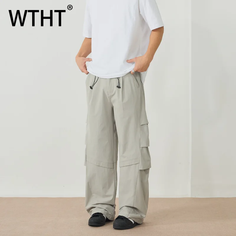 

WTHT Trendy Men's Spliced Big Pockets Solid Color Cargo Pants Fashion High-waisted Straight Trousers Male 2025 Autumn 2A1829
