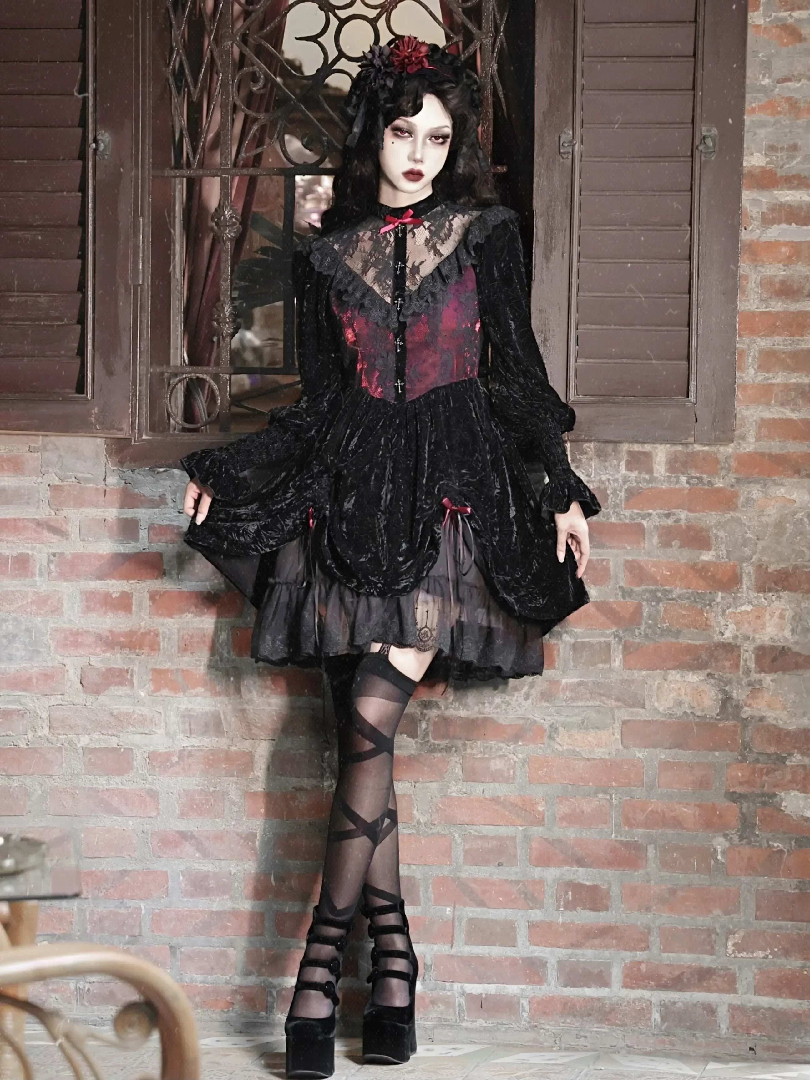 Blood Supply Original Rose Black Dress Long Bubble Sleeve Lace Patch A-line Velvet Gothic Retro Dress Vestido Autumn Spring