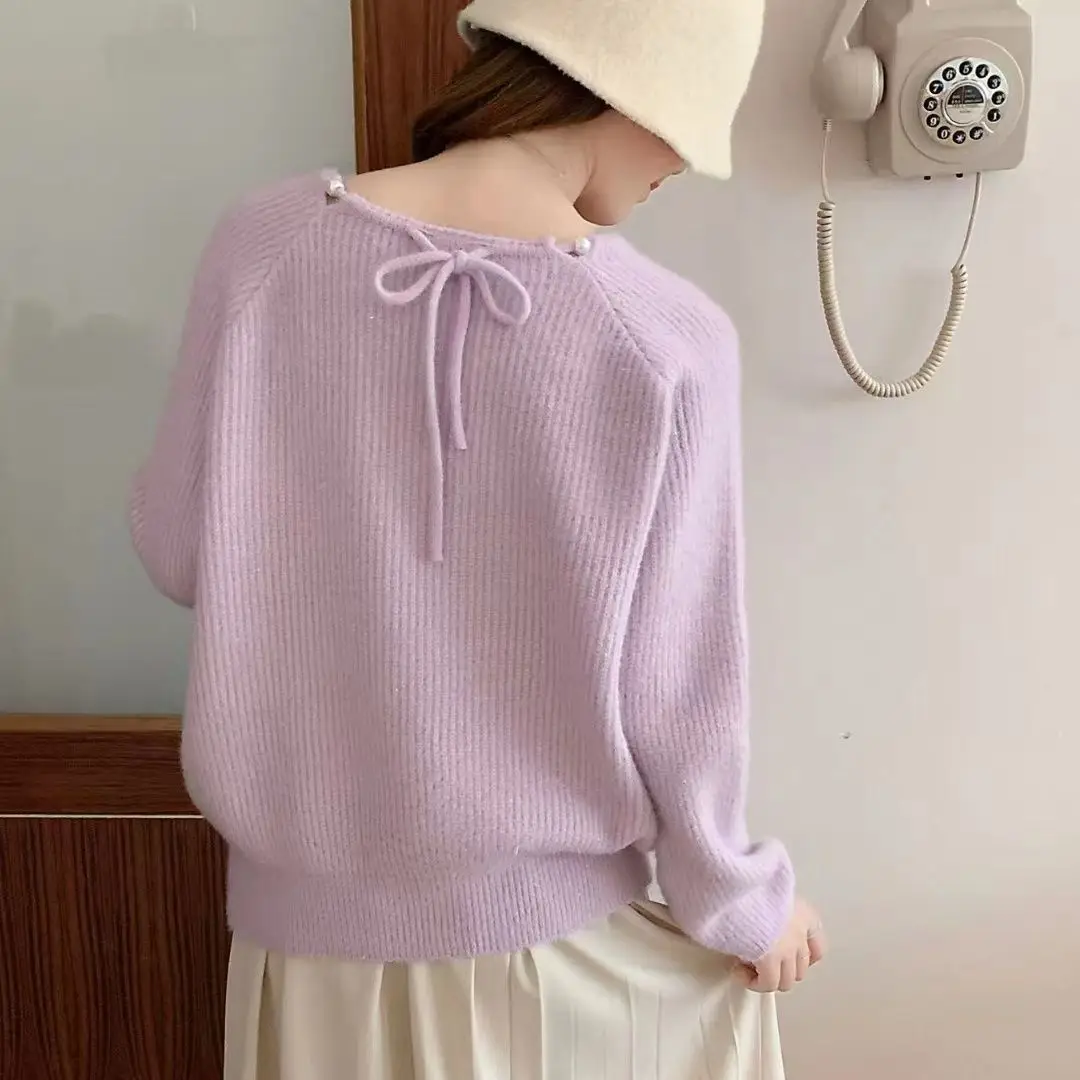 Women's Autumn Winter Graceful Pearl Hollow Out Sweater Pullovers Lady Sweet Purple Loose Knitted Tops Long Sleeve Bottoming