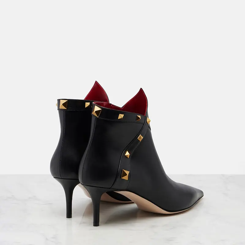 Fashion Gold Pyramid Stud Ankle Booties Ladies Pointed Stiletto Heel Leather Short Boots Black White Vintage Evening Dress Footw