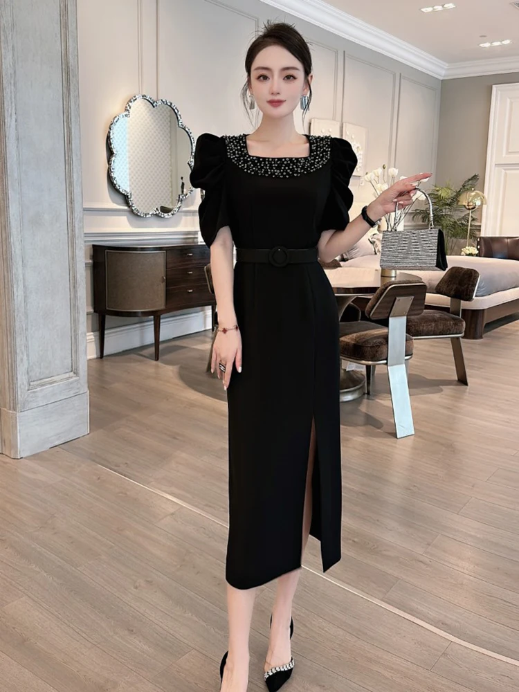 ZJYT luksusowe koraliki czerwone imprezy specjalne imprezy sukienki dla kobiet na wieczorny bal Midi Vestido Fiesta eleganckie kwadratowy kołnierzyk fioletowe