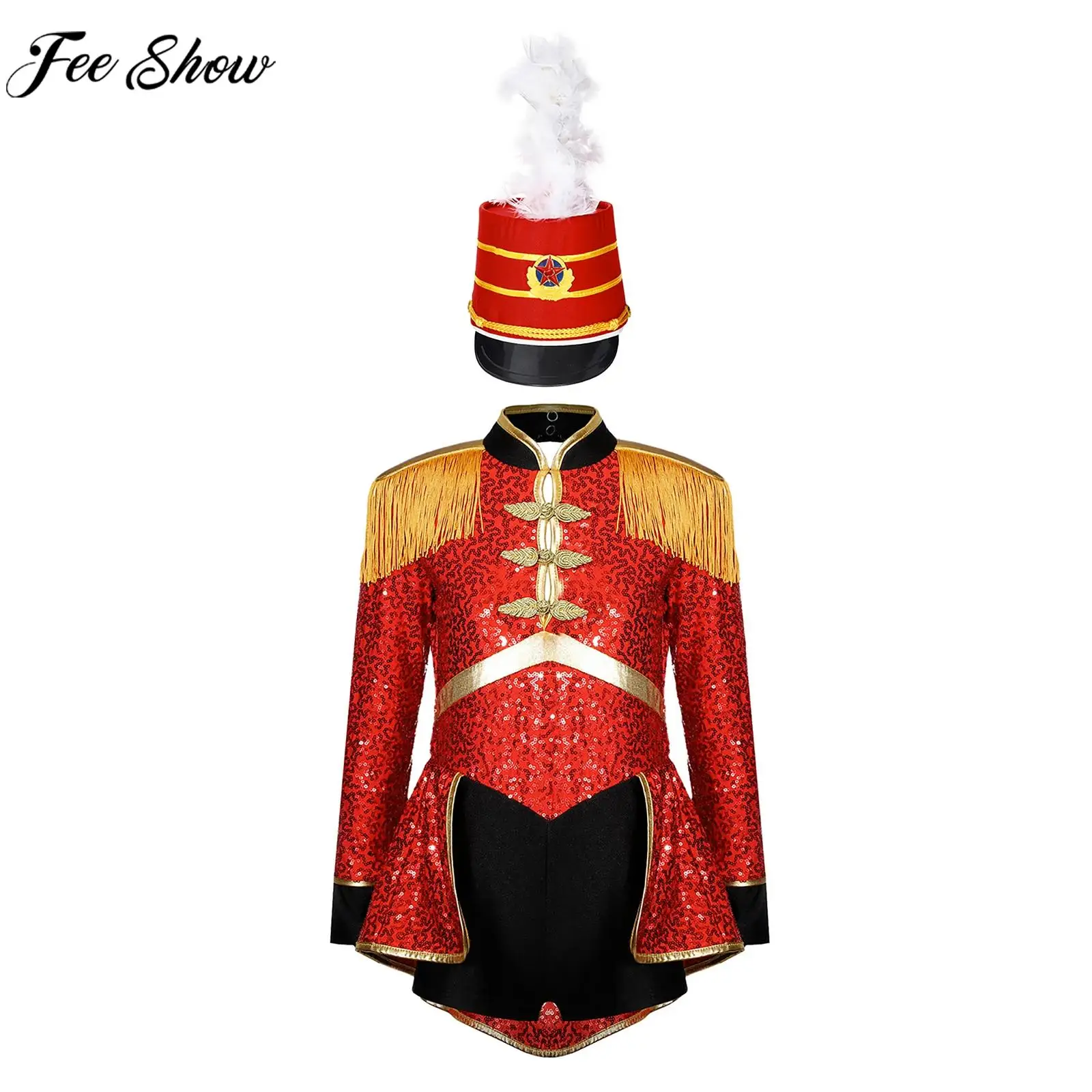 

Kids Girls Halloween Carnival Band Drummer Cosplay Costume Circus Ringmaster Stage Performance Clothes Sequins Bodysuit with Hat